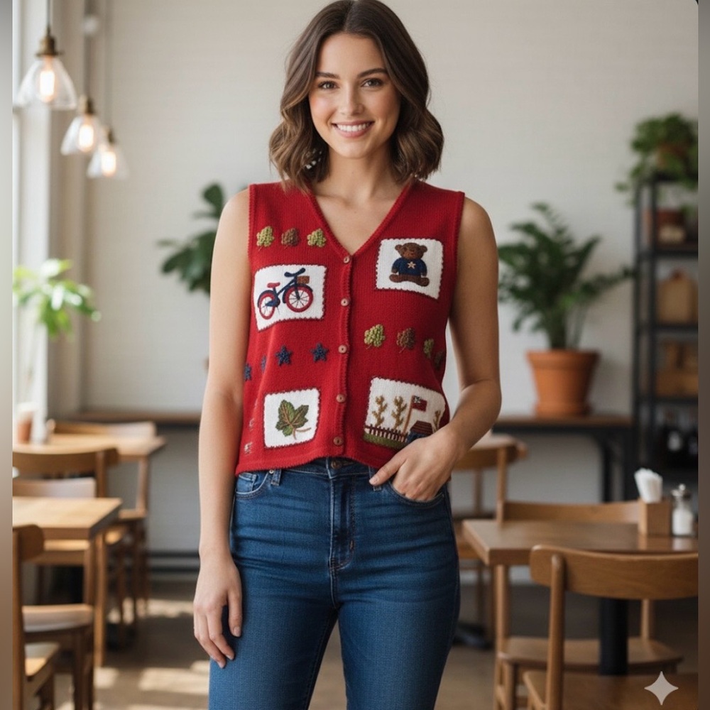 Marisa Christina Vintage Red Wool Blend Americana Teddy Bear Knit Sweater Vest S - Picture 2 of 16